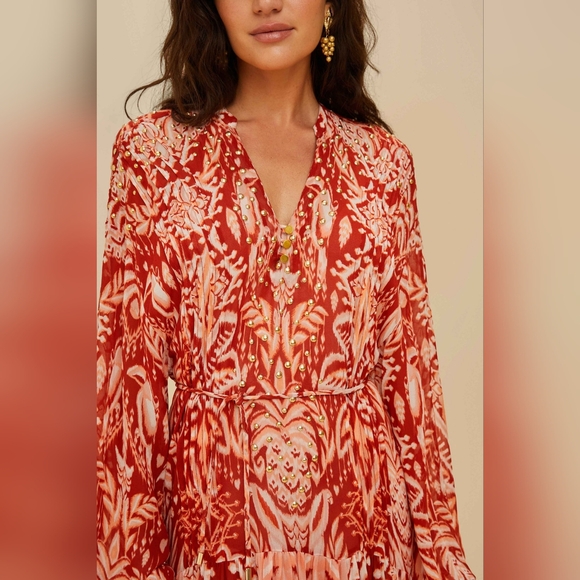 FARM RIO Tropical Tapestry Red Metal Embroidered Tiered Maxi Size XS - Picture 2 of 6